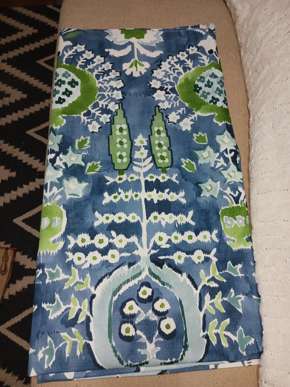 Blue & Green DESIGNER FABRIC remnant- Floral Ikat KISMET